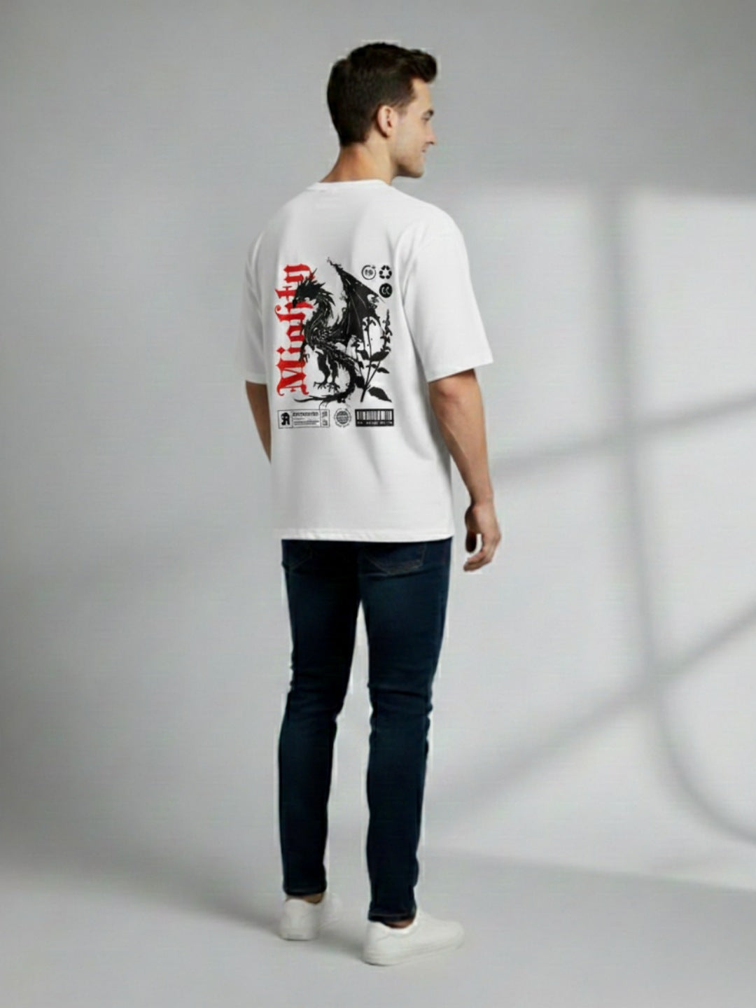 STYLEOX White Crusel Graphic Printed Oversized Round Neck Unisex T-Shirt