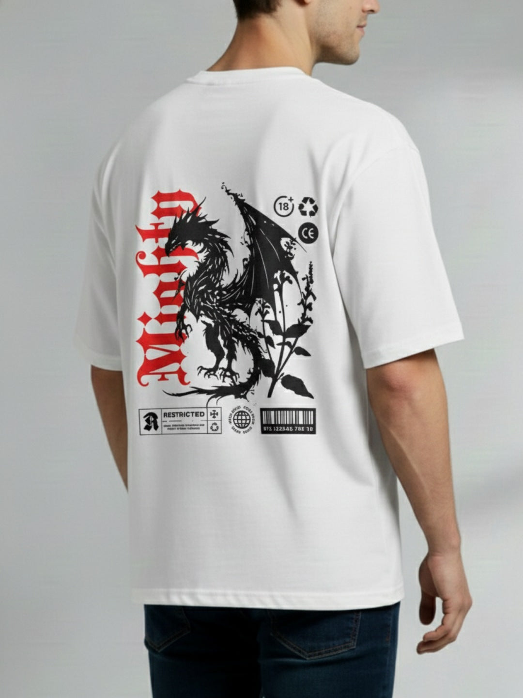 STYLEOX White Crusel Graphic Printed Oversized Round Neck Unisex T-Shirt