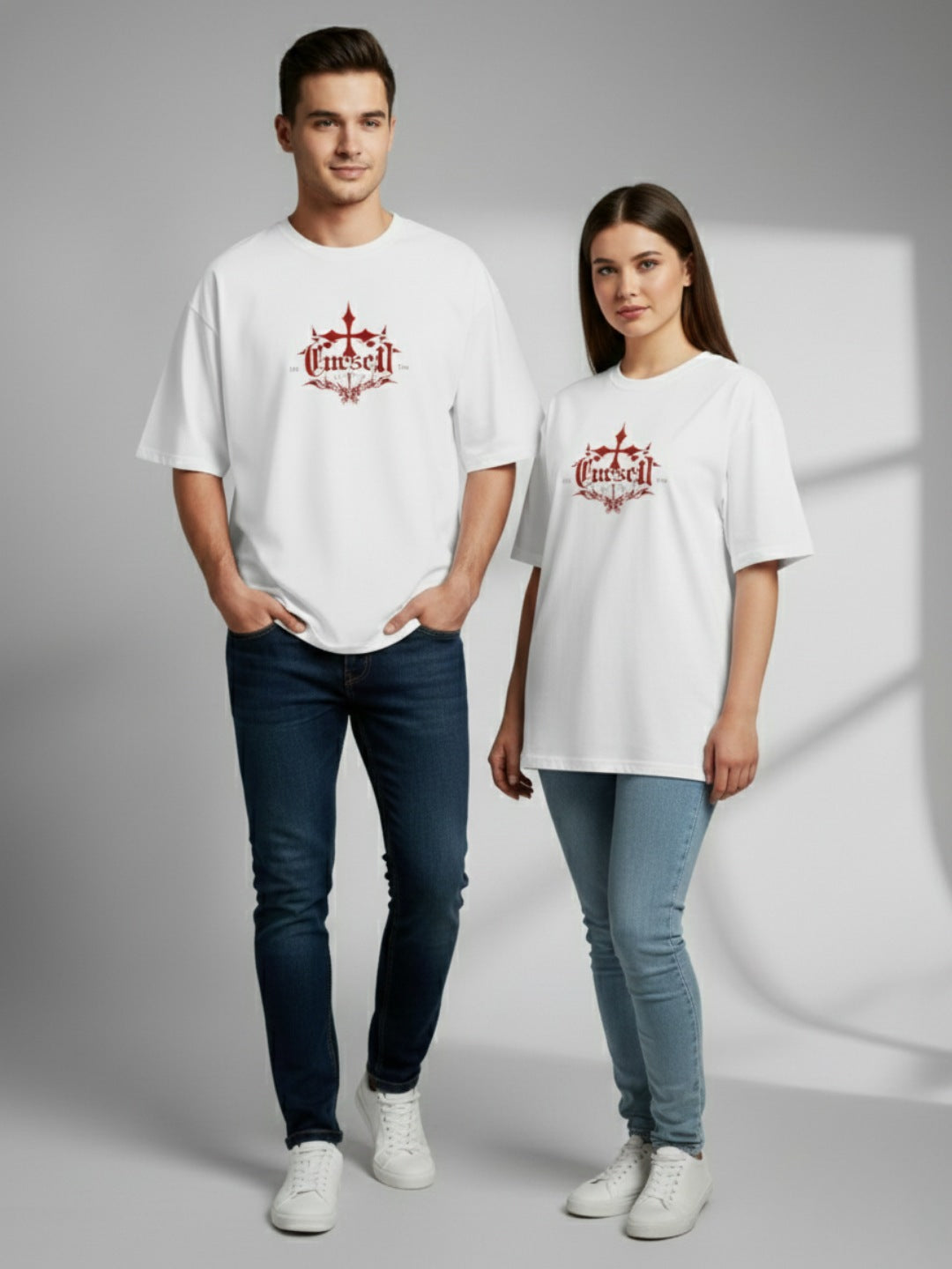 STYLEOX White Crusel Graphic Printed Oversized Round Neck Unisex T-Shirt